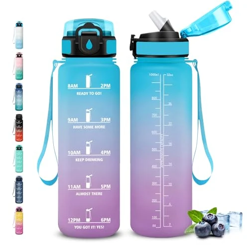 Grsta Butelka na wodę, 1 l, butelka ze słomką, bez wycieków, motywacyjna butelka, łatwa do czyszczenia, butelki z czasem picia, butelki na wodę, do fitnessu, na kemping, jogę