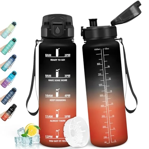 HoneyHolly Gourde 1L, sans BPA, Bouteille, Slogans Inspirants et Marqueur Horaire, Gourde Sport, Étanche, Portable, Bouteille D'eau pour Salle de Sport, Vélo, Bureau, Extérieur, École