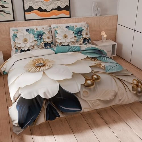 Petti Artigiani Italiani - Juego de Funda nórdica Individual Maxi 155 x 220 cm (1 Funda de Almohada de 80 x 80 cm incluida), Juego de Funda nórdica de Microfibra con impresión Digital Floral 05 19