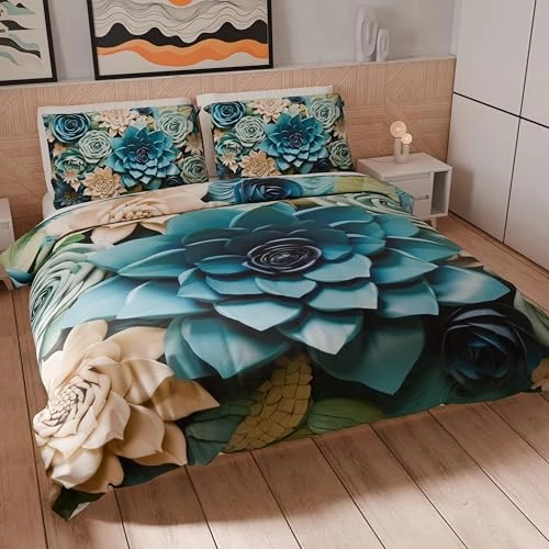 Petti Artigiani Italiani - Juego de Funda nórdica de Matrimonio Maxi 260 x 240 cm (2 Fundas de Almohada de 63 x 63 cm Incluidas), Juego de Funda nórdica de Microfibra con impresión Digital Floral 05