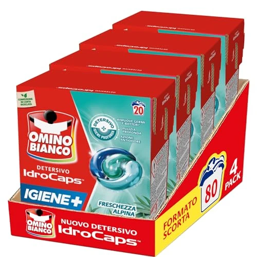 Offerta a tempo: Omino Bianco Idrocaps - Detersivo Lavatrice in Capsule Igiene, 80 Lavaggi, Efficace a Basse Temperature, Profumo Freschezza Alpina, 20 Caps x 4 Confezioni - 8% da 33.49 € a 30.85 €