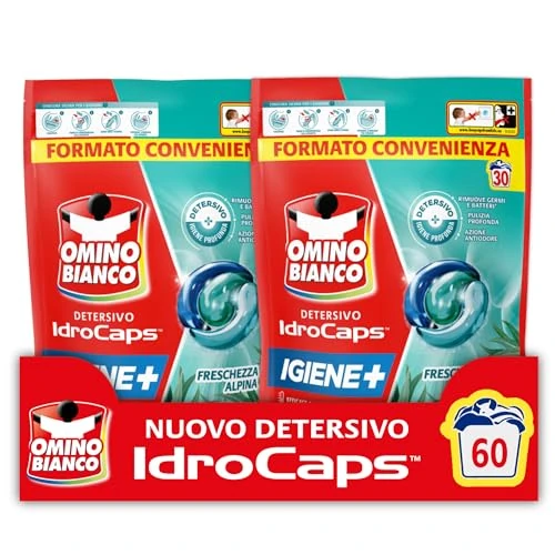 Offerta a tempo: Omino Bianco Idrocaps - Detersivo Lavatrice in Capsule Igiene, 60 Lavaggi, Efficace a Basse Temperature, Profumo Freschezza Alpina, 30 Caps x 2 Confezioni - 38% da 24.10 € a 14.84 €