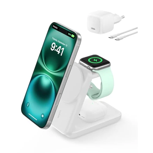Zeitlich begrenztes Angebot: Belkin UltraCharge 3 in 1 Ladestation mit Qi2.2, 25W, Ladegerät MagSafe Kompatibel, Induktive Ladestation für iPhone 17, iPhone Air, Apple Watch, AirPods, Pixelsnap, mit 45-W-Adapter – Weiß von 89.99 € auf 69.99 € (22% Rabatt)