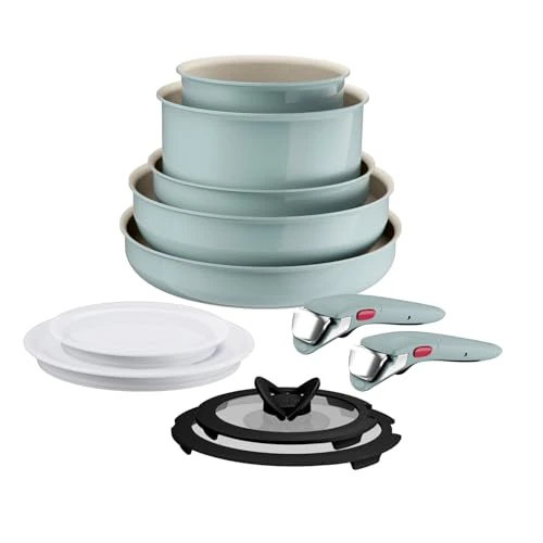 Lagostina Ingenio Pastel Non-Stick Frying Pan Set, 11 Pieces with Removable Handle, Suitable for Induction and Oven, Space-Saving Design, Breeze Colour