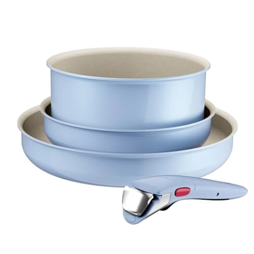 Lagostina Ingenio Pastel - Juego de sartenes antiadherentes de 4 piezas con mango extraíble, compatibles con inducción y horno, diseño que ahorra espacio, color brisa