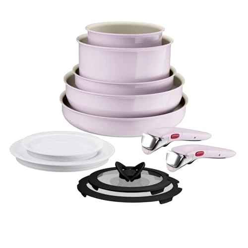 Lagostina Ingenio Pastel Non-Stick Frying Pan Set, 11 Pieces with Removable Handle, Suitable for Induction and Oven, Space Saving Design, Pink