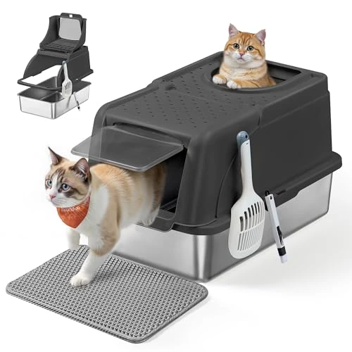 Limited-time offer: Feandrea Stainless Steel Cat Litter Box with Flip Lid, XL Litter Box with Leak-Proof Design, Scoop, Brush, Dual Entry, for Cats up to 15 kg, Ink Black PPT005BH01 from 39.99 GBP to 39.99 GBP (save 0%)