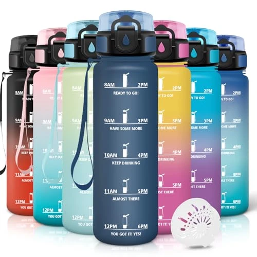 Tijdelijke aanbieding: Motswedi Waterfles, 1 l, herbruikbaar, motiverend, lekvrij, BPA-vrij, waterfles voor sport, fietsen, fitnessstudio, kantoor, hardlopen, donkerblauw van 14.99 EUR naar 8.59 EUR (korting 43%)