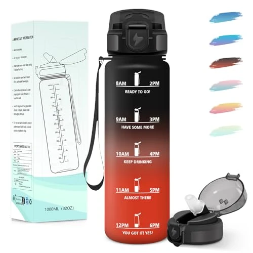 Motswedi Drinkfles 1 l, met rietje, geschikt voor koolzuurhoudende dranken, eenhandsopening, waterfles, met tijdstempel, fles, waterfles 1 l, voor fiets, fitness, outdoor, zwart-rood