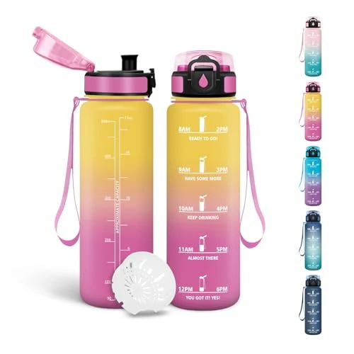 Limited offer: Motswedi Children's Drinking Bottle, 500 ml, BPA-Free, Suitable for Carbonated Drinks, Leak-Proof, Water Bottle, with Time Stamp, Bottle, for School, Bike, Fitness, Yoga, Yellow Pink from 12.99 EUR to 7.99 EUR (save 38%)