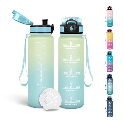 Motswedi Drinkfles voor kinderen, 500 ml, BPA-vrij, geschikt voor koolzuurhoudende dranken, lekvrij, waterfles, met tijdstempel, fles, voor school, fiets, fitness, yoga, natuurlijk wit, lichtblauw