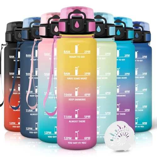 Tijdelijke aanbieding: Motswedi Waterfles, 1 l, herbruikbaar, motiverend, lekvrij, BPA-vrij, waterfles voor sport, fietsen, fitnessstudio, kantoor, hardlopen, geel/roze van 11.99 EUR naar 8.99 EUR (korting 25%)