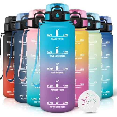 Motswedi Waterfles, 1,5 l, herbruikbaar, motiverend, lekvrij, BPA-vrij, voor sport, fietsen, fitnessstudio, kantoor, hardlopen, blauw/paars