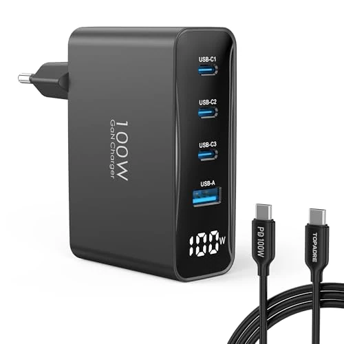 TOPADRE Caricabatterie USB-C da 100 W, adattatore di alimentazione USB-C con due cavi da 2 m e display LED, caricabatterie rapido multiporta GaN a 4 porte per iPhone 16,15, MacBook Air e Galaxy. Nero