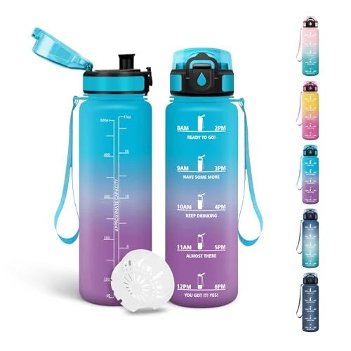 Motswedi Drinkfles voor kinderen, 500 ml, BPA-vrij, geschikt voor koolzuurhoudende dranken, lekvrij, waterfles, met tijdstempel, fles voor school, fiets, fitness, yoga, blauwpaars