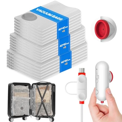 Offerta a tempo: Vacbird Sacchetti sottovuoto per vestiti con pompa USB compatta, 18 sacchetti per vestiti da viaggio (sigillo sottovuoto più forte | USB-A/C | leggeri), ideali per viaggi, conservazione e traslochi - 47% da 49.99 € a 26.53 €