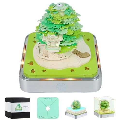 Aischens 3D Kalender Abreißen 2026, 3D Tischkalender mit LED-Lichtern, 3D-Kalender 2026, Papierschnitzerei Baum, Kreative 3D Notizblock, DIY-Dekoration als Geschenk zu Weihnachten und Silvester