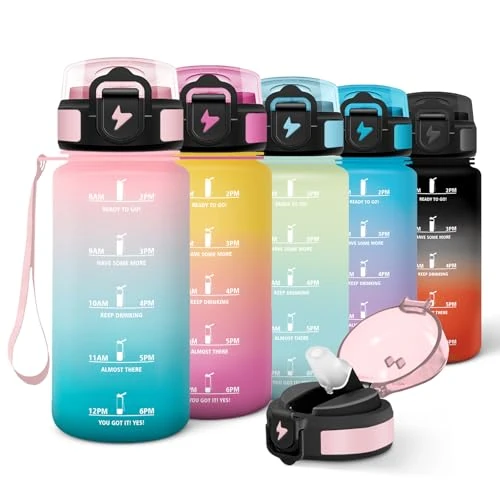 Zeitlich begrenztes Angebot: Motswedi Trinkflasche Kinder, 500ml mit Strohhalm, Trinkflasche Kohlensäure Geeignet, Einhandöffnung, Wasserflasche, Mit Zeitstempel, Flasche, für Kinder, Schule, Fahrrad, Fitness, Yoga, Rosa-Grün von 11.99 € auf 11.99 € (0.00