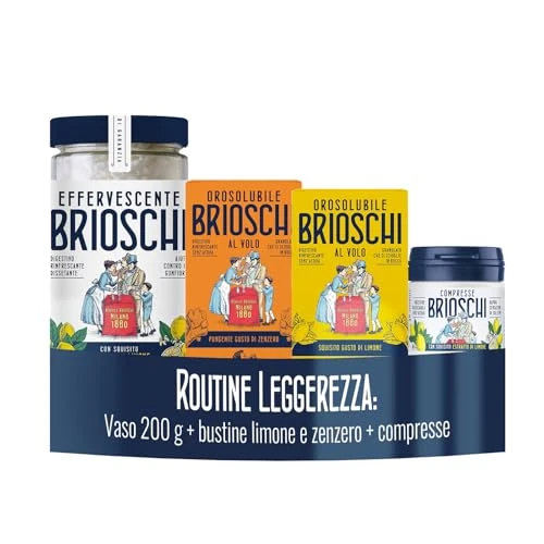 Offerta a tempo: Brioschi Kit Routine Digestiva, Vaso Effervescente Classico, Orosolubile Zenzero, Orosolubile Limone, Compresse Masticabili - 40% da 19.99 € a 11.99 €