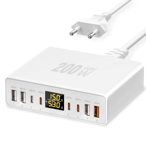 Ładowarka USB C Multiple 8 portów z ekranem LED, YSYFAD 200 W stacja ładująca GAN Fast PD PPS Type C 45 W QC USBA Ładowarka do iPhone iPad Macbook Laptop Samsung, Biały