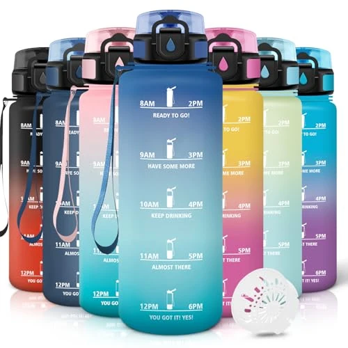 Motswedi Waterfles, 1,5 l, herbruikbaar, motiverend, lekvrij, BPA-vrij, waterfles voor sport, fietsen, fitnessstudio, kantoor, hardlopen, blauwgroen