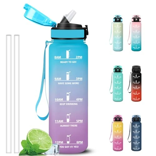 Zeitlich begrenztes Angebot: Grsta Wasserflasche 1l mit Strohhalm, Trinkflasche mit Zeitmarkierung und Schnürung, Trinkflasche Sport Auslaufsichere, Flasche mit Sichere Verriegelung für Outdoor, Schule, Job von 11.69 € auf 11.69 € (0.00% Rabatt)