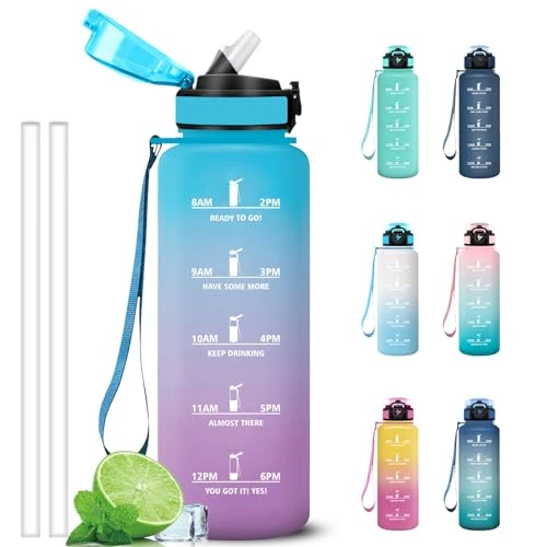 Grsta Drinkfles, 1,5 liter, gymdrinkfles met rietje, gemakkelijk te reinigen, drinkflessen met afstuderen, motiverende tijdweergave voor reizen, hardlopen, fitness