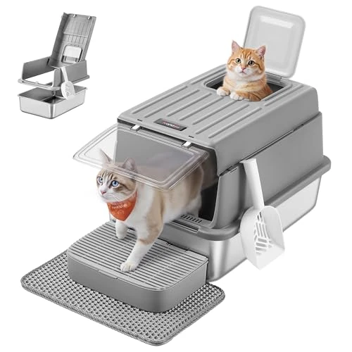 Feandrea Bac à Litière pour Chat, en Acier Inoxydable, avec Couvercle, Pelle, Tapis pour Litière et 2 Entrées, pour Chats Jusqu’à 15 kg, Gris Tourterelle PPT007GN01