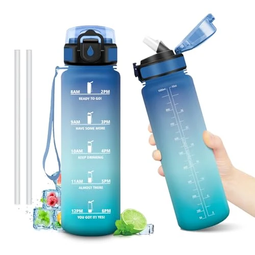 Gourde Motivation 1L, Gourde avec Paille sans BPA, Bouteille d'eau de Motivation avec Marqueur de Temps, Étanche et Réutilisable, Bouteille Réutilisable pour l'école, Sport, Bureau, Yoga, Camping