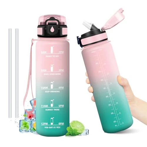 Oferta limitada: Botella 1 litro, Botella Agua con Pajita, Botellas Agua Deporte con Marca de Tiempo, Reutilizable, Garrafa Agua sin BPA, Cantimplora para Niños, Oficina, Bicicleta, Yoga, Running, Gym, Escuela, Viaje de 12.99 EUR a 12.99 EUR (ahorro 0%)