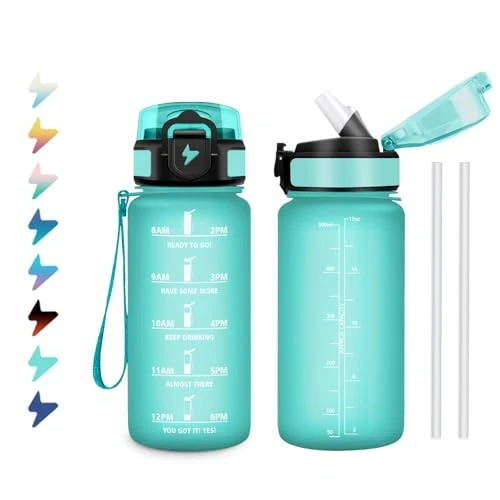 Bouteille d'eau Enfant 500ml, Gourde avec Paille, Anti Fuite, Graduée pour 1 Journee, Facile à Transporter, Gourde Motivation avec Marqueur de Temps, Verrou de Sécurité, pour École, Camping, Bureau