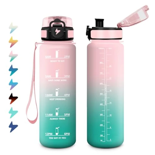 Sportowa butelka na napoje 1 l, motywująca butelka na napoje ze znacznikami czasu, szczelna butelka na wodę z filtem, nadaje się do napojów gazowanych, na rower, bieganie, dla dorosłych, do jogi