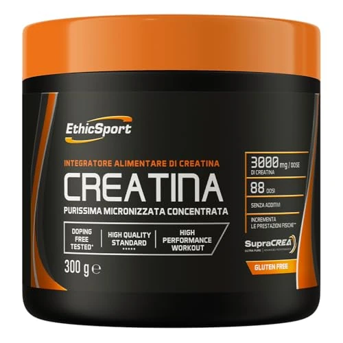 EthicSport CREATINA – Creatina monoidrato pura con SupraCREA® – Incrementa le prestazioni fisiche in attività brevi e intense – elevata purezza, senza additivi – vegan, gluten free – 300 g