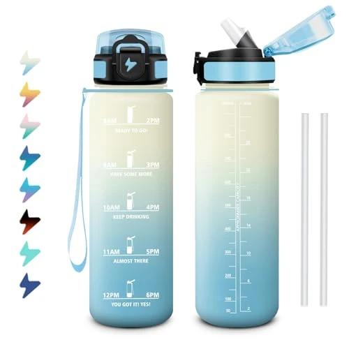 Gourde 1L, Bouteille d'eau Sport, Gourde avec Paille, Bouteille d'eau Motivation Marqueur de Temps, Étanche et Réutilisable, Facile à Nettoyer, pour Enfant, Voyage, Randonnée, Camping, Cyclisme