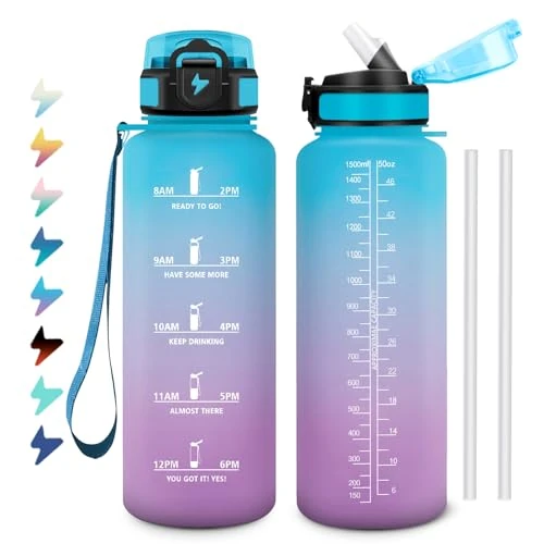 Sports Bottle 1.5 L, Sports Water Bottle with Straw, Suitable for Carbonated Drinks, Water Bottle, Leak-Proof with Time Marking, for Fitness, Climbing, Gym, Fizz, Mountaineering
