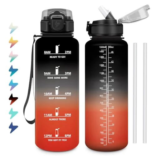 Gourde 1,5L, Bouteille d'eau Sport, Gourde avec Paille, Bouteille d'eau Motivation Marqueur de Temps, Étanche et Réutilisable, Facile à Nettoyer, pour Enfant, Voyage, Randonnée, Camping, Cyclisme