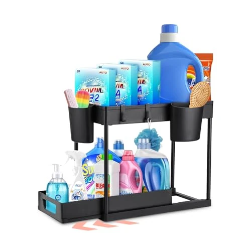 Avilia - 2-poziomowy organizer pod zlewozmywak kuchenny z koszami i haczykami do optymalizacji przestrzeni w łazience i kuchni, łatwy montaż, idealny do czyszczenia i codziennych akcesoriów