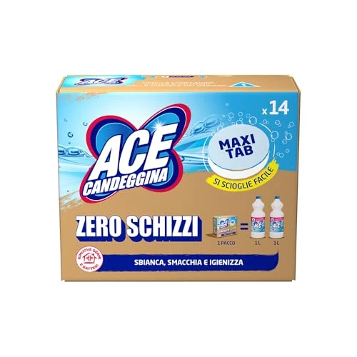 Offerta a tempo: ACE Candeggina Maxi Tabs – 14 Pastiglie monodose di candeggina classica per superfici e lavatrice. Sbianca, smacchia, igienizza superfici e bucato bianco, in lavatrice o a mano, no sprechi, no schizzi - 21% da 3.28 € a 2.59 €