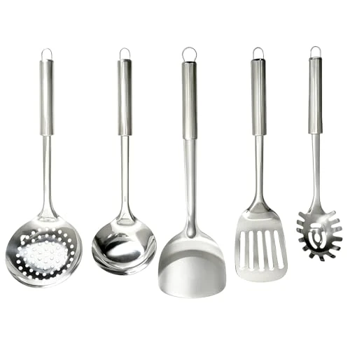 5-delige set spatel, roestvrij staal, kooklepelset, roestvrij staal, keukengerei, set, soeplepels, schuimlepel, braadspatel, massieve wokspatel, pastaloven
