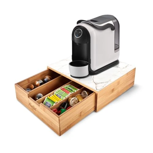 Avilia - Porte-dosettes café et porte-capsules en bambou avec étagère en verre marbré blanc, organisateur pour coin café et thé 30 x 30 x 10 cm, élégant et compact pour la maison et le bureau