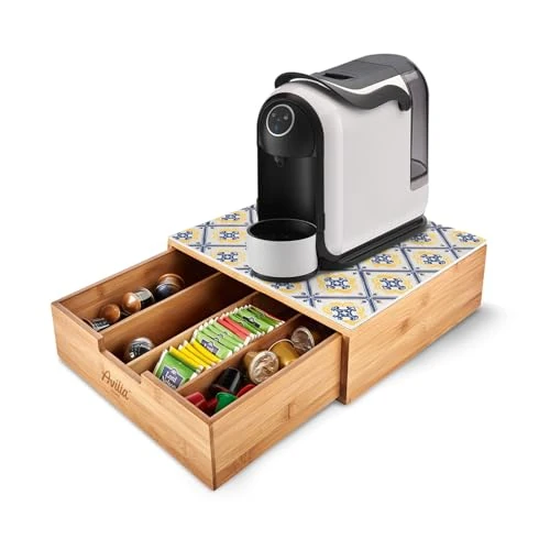 Avilia - Coffee Pod Holder and Capsule Holder in Bamboo with Glass Shelf Majolica from Sorrento, Organizer for Coffee and Tea Corner 30 x 30 x 10 cm, Elegant and Compact for Home and Office
