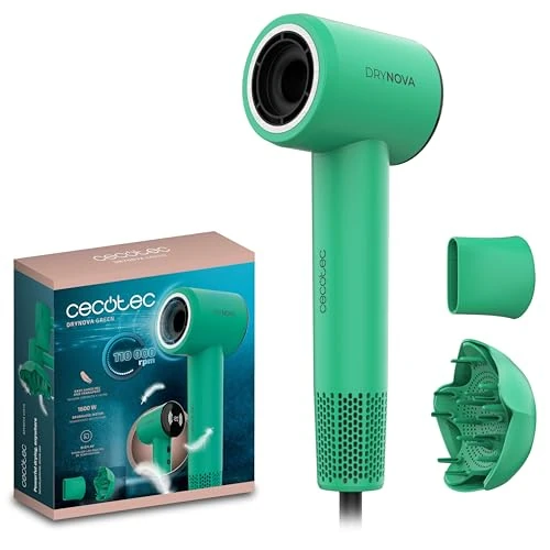 Cecotec DryNova Green Leaf Hair Dryer, Compact and Lightweight, 1600 W, 110,000 RPM, Brushless Motor, Diffuser and Concentrator, Ion Generator, Quiet and Durable, 4 Temperature Settings