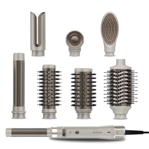 Cecotec Styler à Cheveux 8 Têtes CeramicCare 8in1 AirGlam Gyro Champagne. 1500W, 110000 RPM, Lisse, Façonne et Boucle vos Cheveux, Moteur Brushless, Fonction Rotative, Revêtement Céramique et Kératine