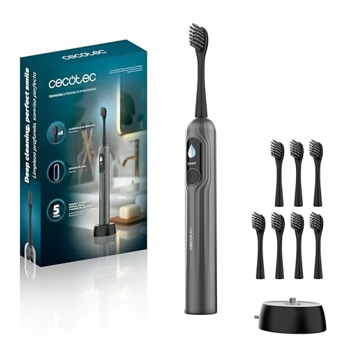 Cecotec Cepillo de Dientes Eléctrico Sónico ToothCare UltraSonic PlatiniumSwing. Oscilación, 50000rpm, 8 Cabezales, 5 Modos, Pantalla, Reporte de Limpieza, Carga Inalámbrica y Estuche