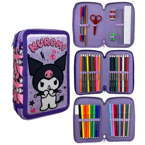Offerta a tempo: CARTOON Astuccio 3 zip Kuromi Sanrio triplo completo 44 pezzi cancelleria per la scuola multiscomparto penne matite colori pennarelli giotto - 12% da 21.50 € a 18.99 €