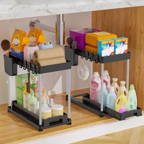Vihoom Set of 2 Under Sink Organizer, Kitchen Under Sink Organizer with 8 Hooks and 2 Hanging Cups, Under Sink Shelf for Laundry Room, Furniture, Bathroom (Black)