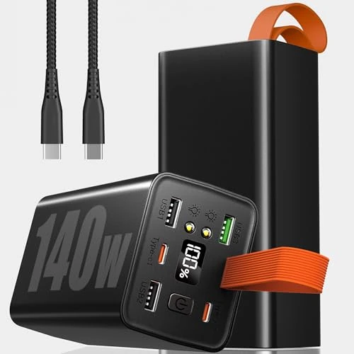 Externe accu, 140 W, 70.000 mAh, powerbank USB C, snel opladen met 5 poorten voor 5 gelijktijdige apparaten, digitaal display, externe batterij, grote capaciteit, ideaal voor reizen, kantoor (zwart)