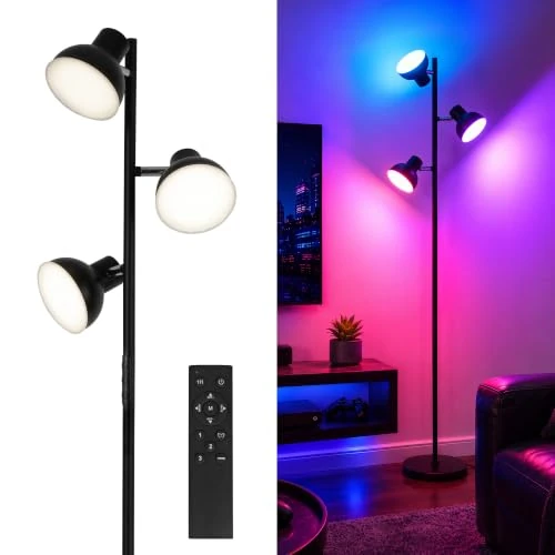 Tijdelijke aanbieding: RGB led-vloerlamp, 3 vlammen, moderne dimbare vloerlamp, 36 W, 2800 lm, met afstandsbediening en touch-schakelaar, flexibele lampkoppen, zwart, perfect voor woonkamer, slaapkamer en leeshoek van 101.67 € naar 101.67 € (0.00% korting