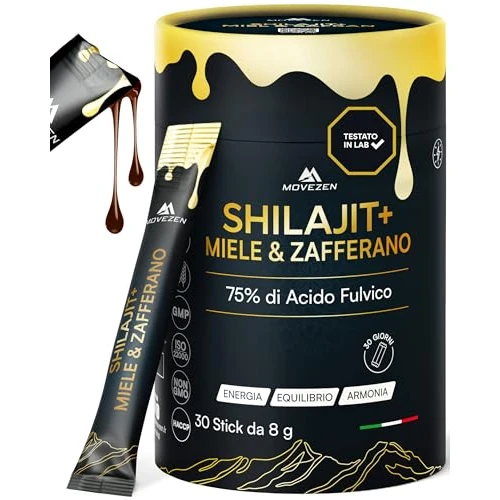 Offerta a tempo: Shilajit Puro dell’Himalaya con Miele e Zafferano MOVEZEN, 30 Stick da 8 g, Mumijo > 75% Acido Fulvico e Umico, 85+ Minerali e Oligoelementi, fino a 5.000 m, Testato in Laboratorio, Senza Additivi - 26% da 33.99 € a 24.99 €
