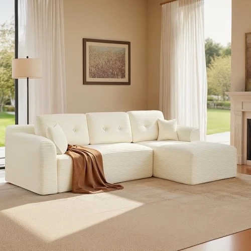 Offerta a tempo: VASAGLE Divano Angolare Senza Montaggio, Modulabile, 244 cm | Consegnato Compresso in Collo, con Ampia Chaise Longue a Destra, per Soggiorno, Bianco Crema, Collezione CAMILA LCS184WD01 - 20% da 369.99 € a 295.99 €